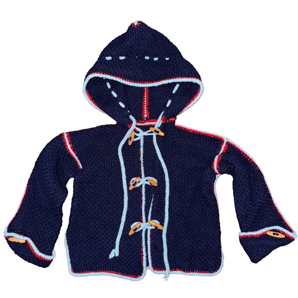 Vintage Navy‎ Handmade Blue Knit Hooded Toggle Button Jacket Sweater Retro